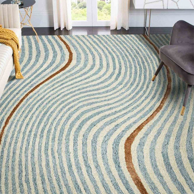 Colorful Wool & Viscose Striped Loop With Cut Pile Hand Tufted Rug Carpet