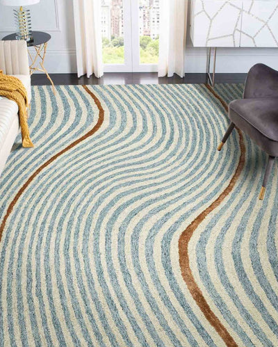 Colorful Wool & Viscose Striped Loop With Cut Pile Hand Tufted Rug Carpet