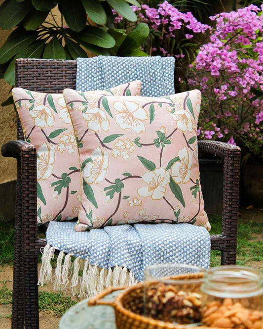 Pink Badamwari Floral Printed Cotton Satin Cushion Covers | Set of 2 | 16 x 16 Inches