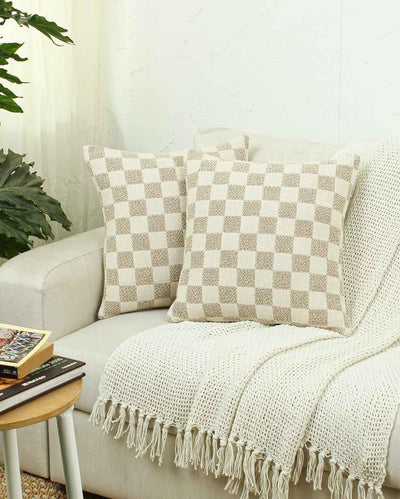 Checkerboard Beige Cushion Covers | Set of 2 | 16 x 16 inches