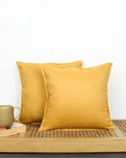 Noor Yellow Cotton Cushion Covers | Set of 2 | 16 x 16 inches