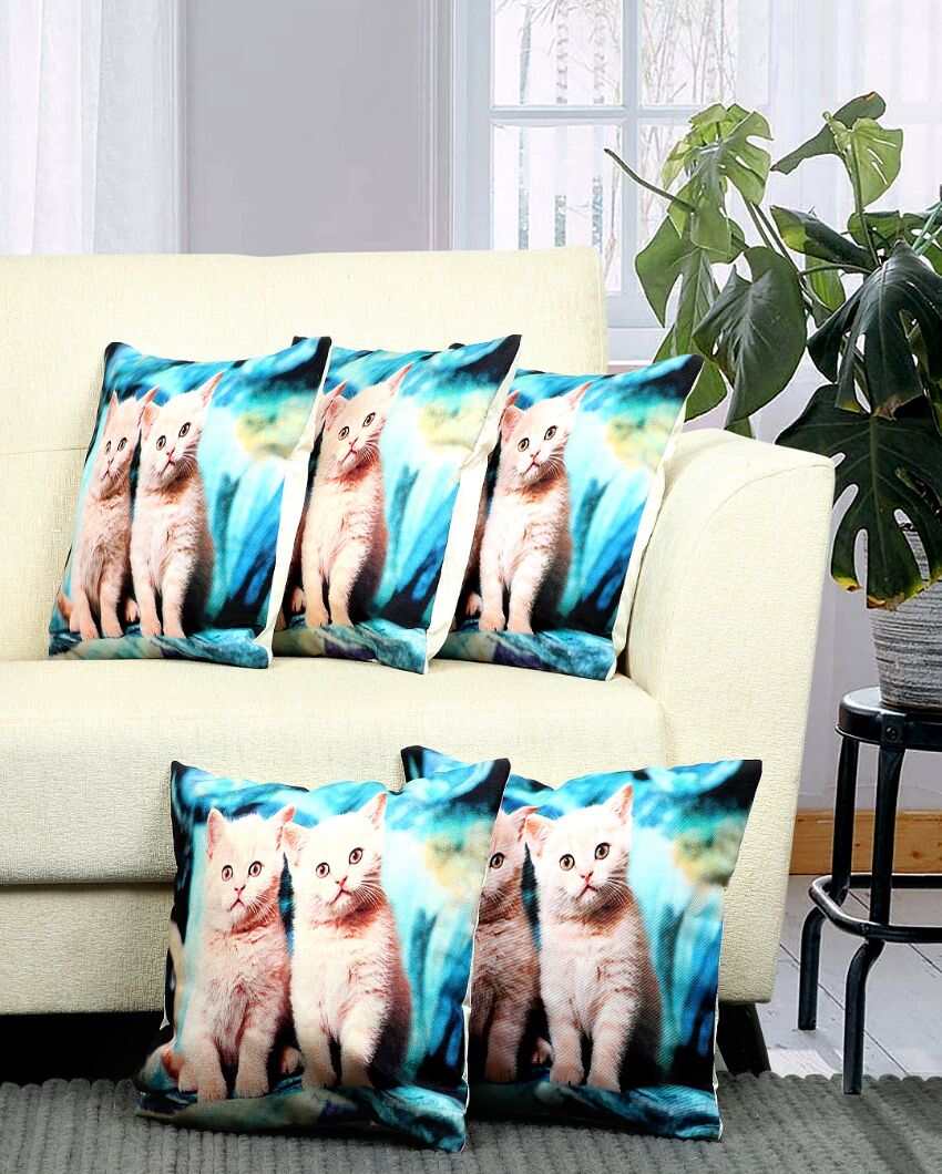 Charming Cat Velvet Cushion Covers | Set of 5 | 16 x 16 inches