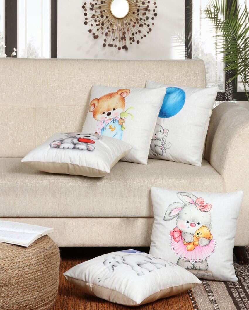 Playful Kids Mix Animal Velvet Cushion Covers | Set of 5 | 16 x 16 inches