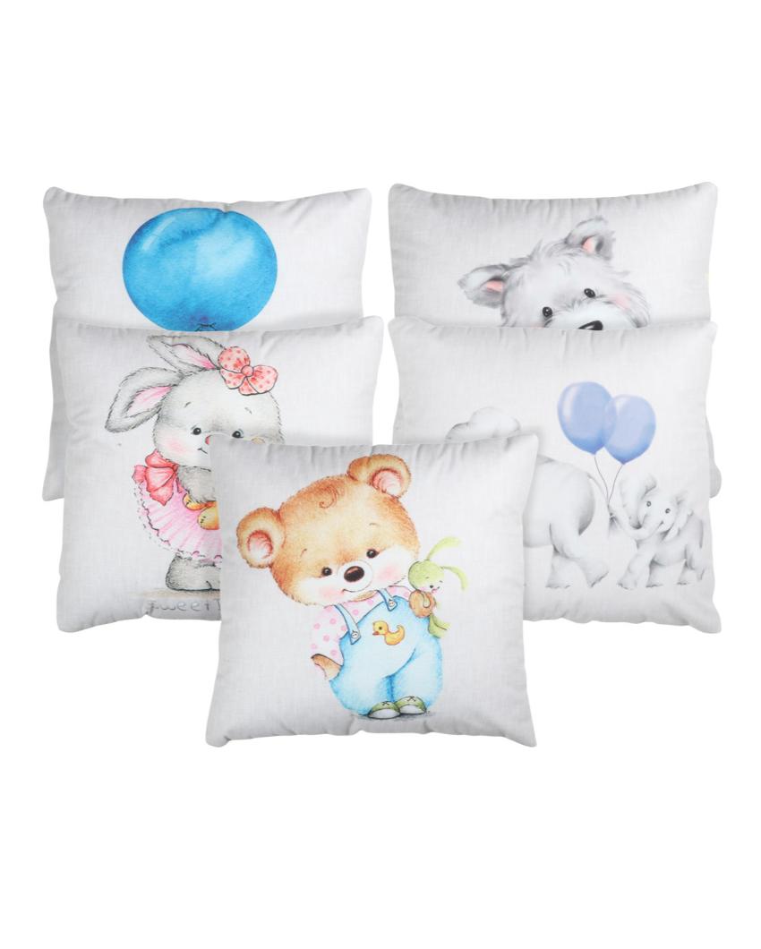 Playful Kids Mix Animal Velvet Cushion Covers | Set of 5 | 16 x 16 inches