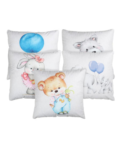 Playful Kids Mix Animal Velvet Cushion Covers | Set of 5 | 16 x 16 inches