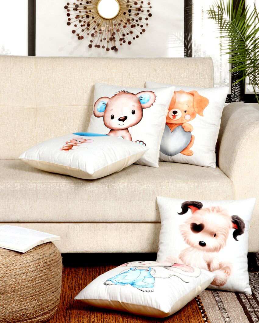 Adorable Kids Puppies Velvet Cushion Covers | Set of 5 | 16 x 16 inches