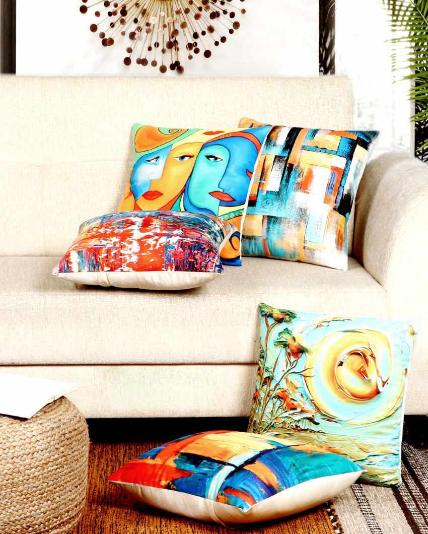 Artistic Abstract Painting Velvet Cushion Covers | Set of 5 | 16 x 16 inches