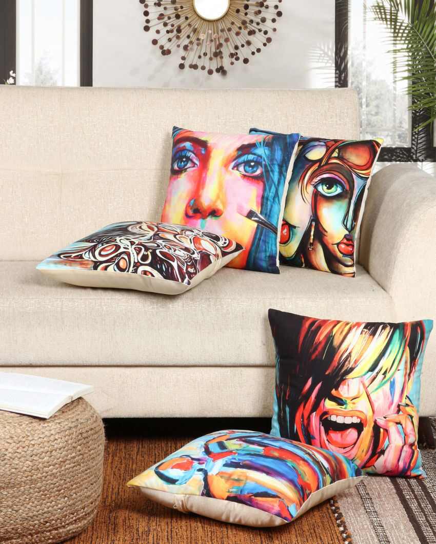 Creative Face Painting Velvet Cushion Covers | Set of 5 | 16 x 16 inches