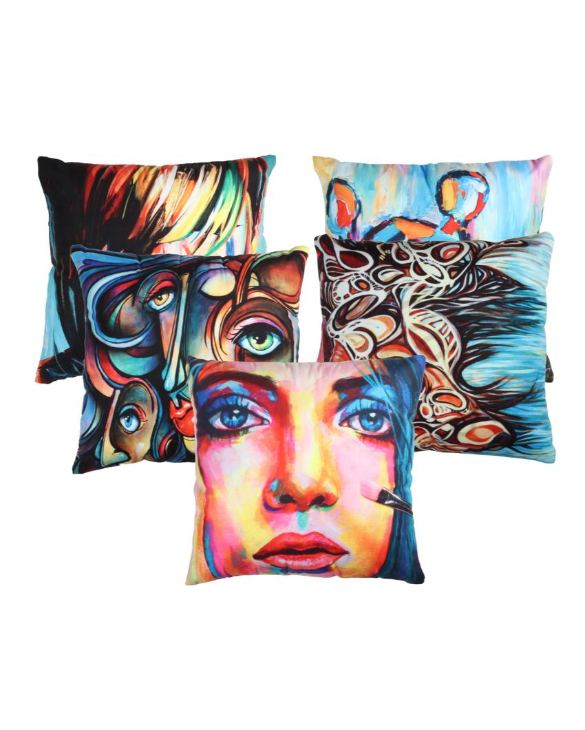 Creative Face Painting Velvet Cushion Covers | Set of 5 | 16 x 16 inches