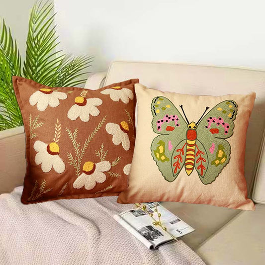 Butterfly & Flower Cotton Cushion Covers | Set of 2 | 16 x 16 Inches - Dusaan