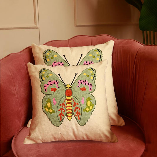 Butterfly Cotton Cushion Covers | Set of 2 | 16 x 16 Inches