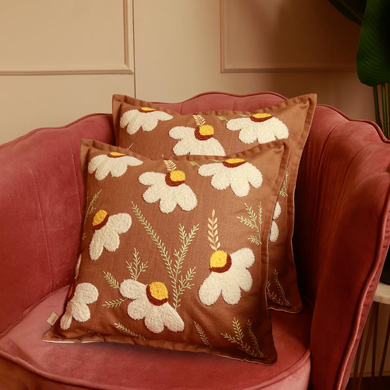 Brown Daisy Cotton Cushion Covers | Set of 2 | 16 x 16 Inches - Dusaan