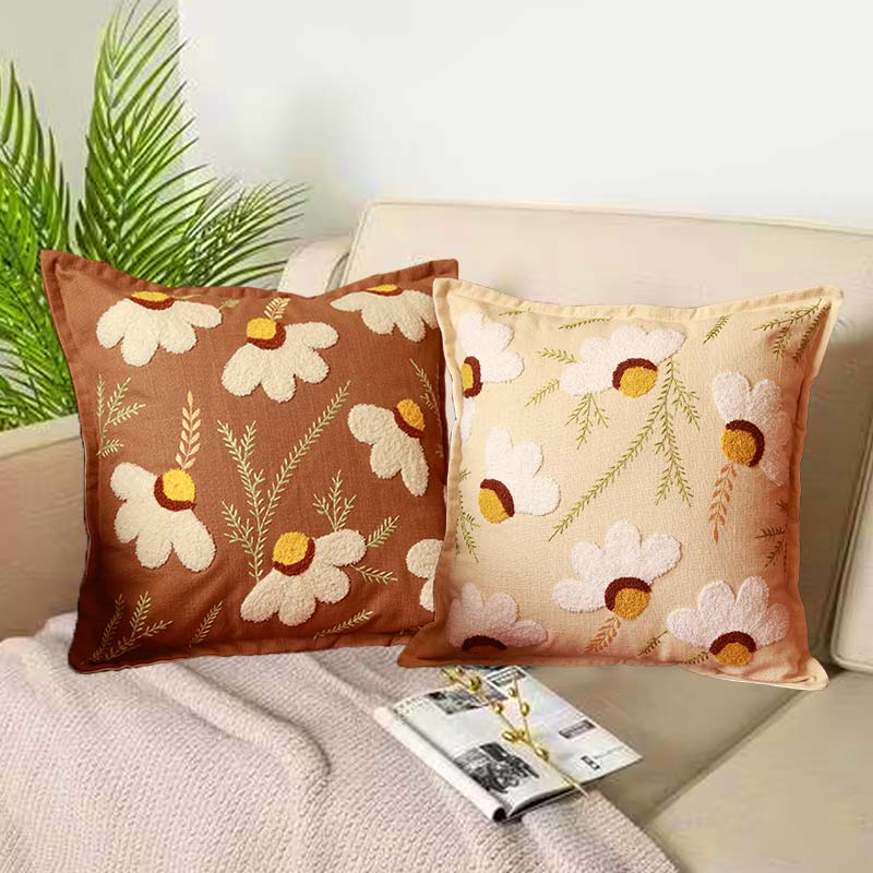 Brown & White Cotton Cushion Covers | Set of 2 | 16 x 16 Inches - Dusaan