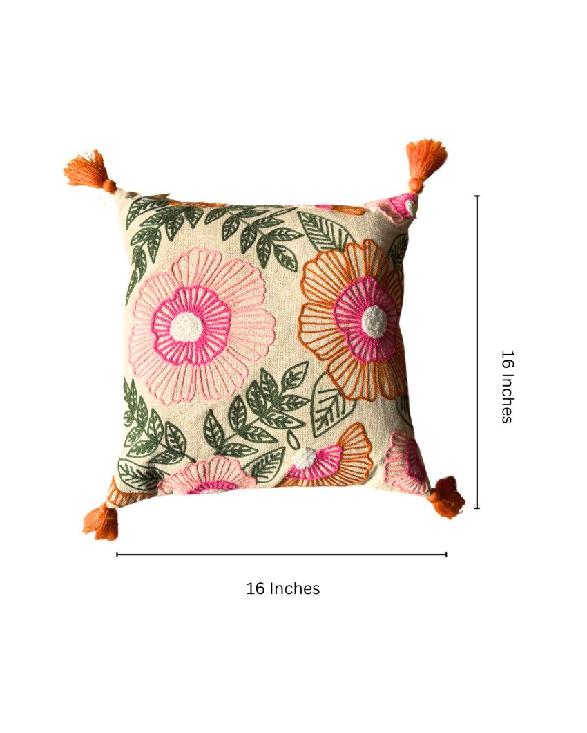Pink Floral Embroidered Cotton Cushion Cover | 16 x 16 inches