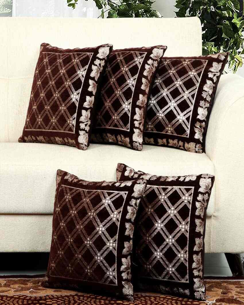 Classic Brown Box Chenille Cushion Covers | Set of 5 | 16 x 16 inches