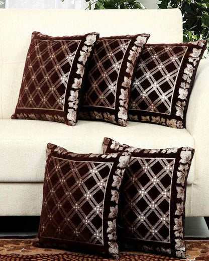 Classic Brown Box Chenille Cushion Covers | Set of 5 | 16 x 16 inches