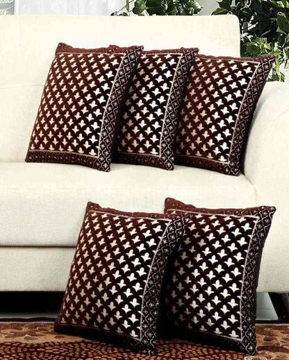 Luxurious Brown Damask Chenille Cushion Covers | Set of 5 | 16 x 16 inches