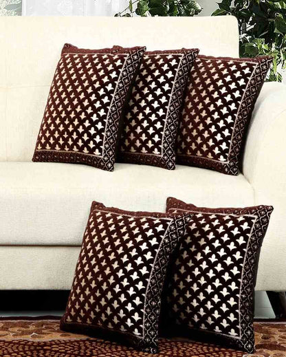 Luxurious Brown Damask Chenille Cushion Covers | Set of 5 | 16 x 16 inches