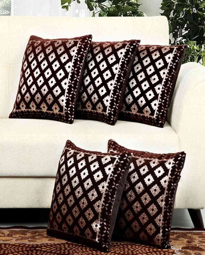 Delicate Brown Flower Chenille Cushion Covers | Set of 5 | 16 x 16 inches