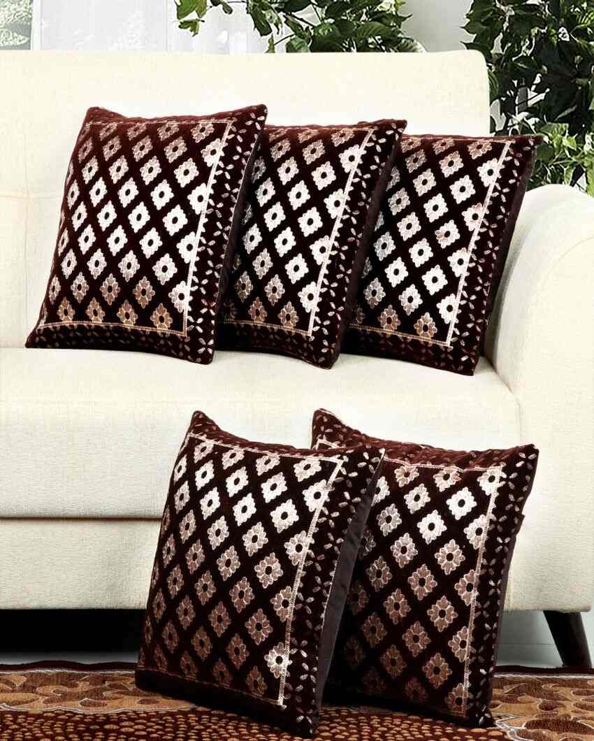 Delicate Brown Flower Chenille Cushion Covers | Set of 5 | 16 x 16 inches