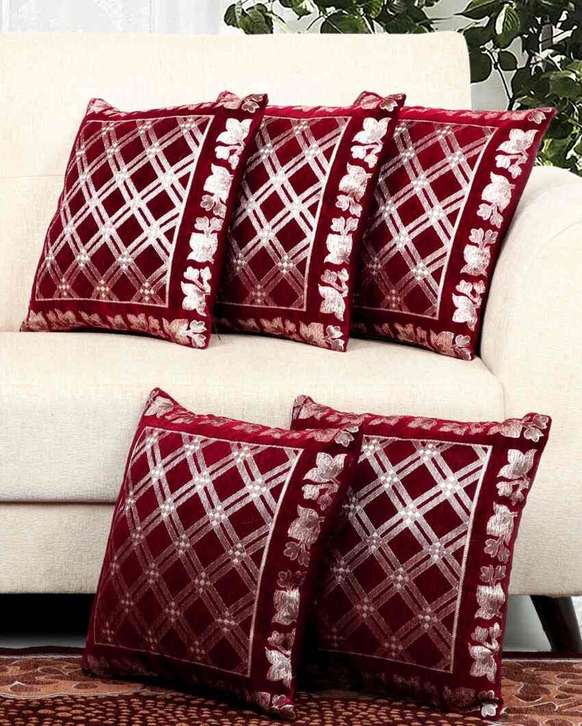 Rich Maroon Box Chenille Cushion Covers | Set of 5 | 16 x 16 inches