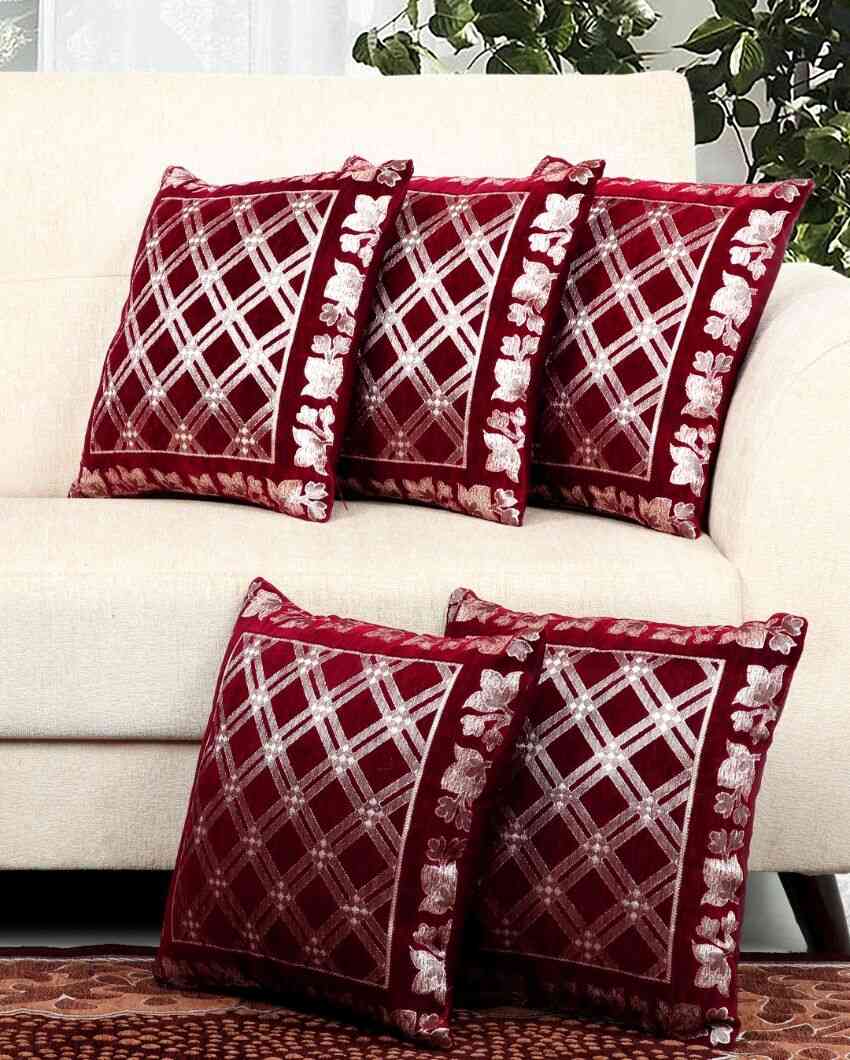 Rich Maroon Box Chenille Cushion Covers | Set of 5 | 16 x 16 inches