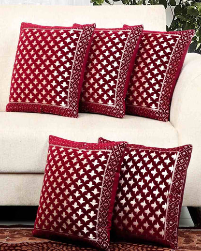 Timeless Maroon Damask Chenille Cushion Covers | Set of 5 | 16 x 16 inches