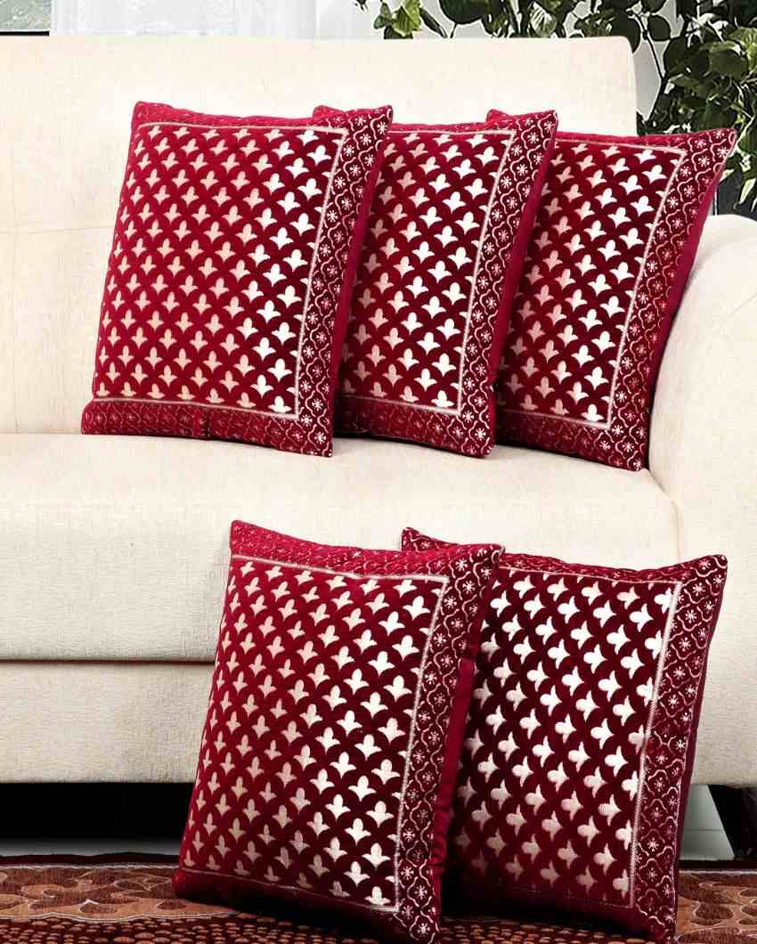 Timeless Maroon Damask Chenille Cushion Covers | Set of 5 | 16 x 16 inches