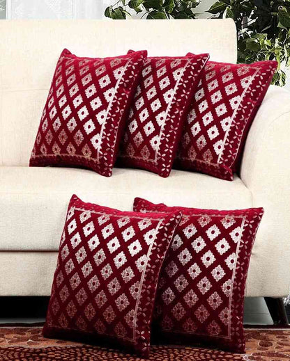 Elegant Maroon Flower Chenille Cushion Covers | Set of 5 | 16 x 16 inches