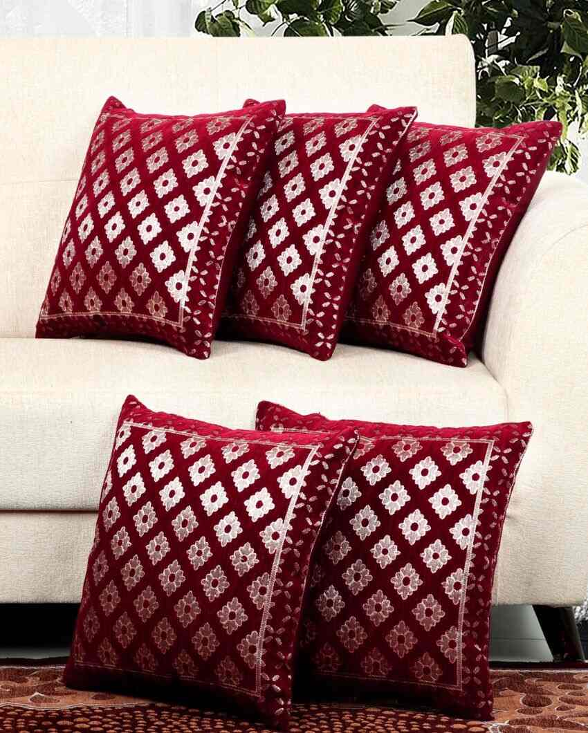 Elegant Maroon Flower Chenille Cushion Covers | Set of 5 | 16 x 16 inches