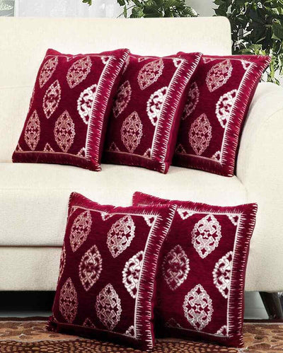 Vintage Maroon Chenille Cushion Covers | Set of 5 | 16 x 16 inches