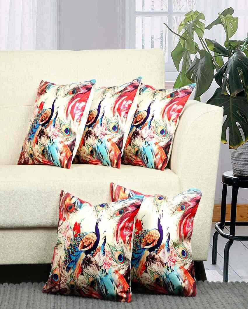 Peacock Flower Velvet Cushion Covers | Set of 5 | 16 x 16 inches