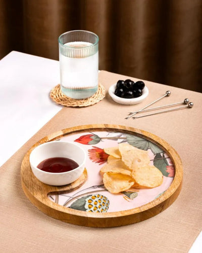 Round Blissful Blooms Chip And Dip Wood Platter With Bowl