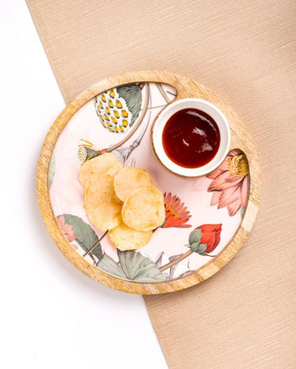 Round Blissful Blooms Chip And Dip Wood Platter With Bowl