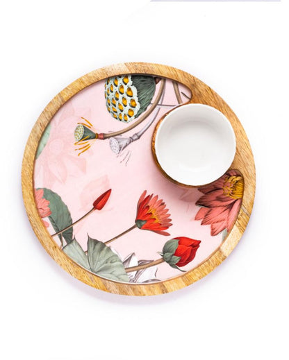 Round Blissful Blooms Chip And Dip Wood Platter With Bowl