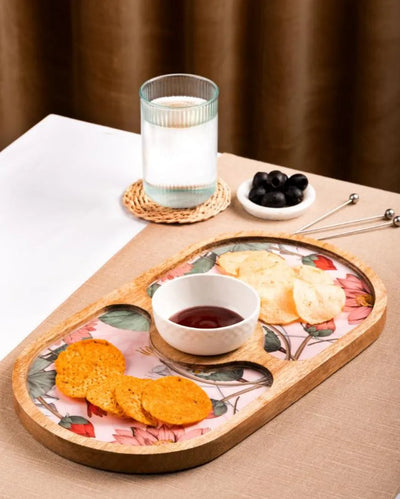 Oval Blissful Blooms Chip And Dip Wood Platter With Bowl