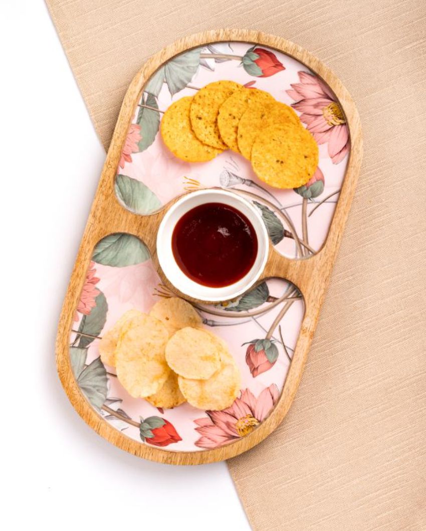 Oval Blissful Blooms Chip And Dip Wood Platter With Bowl