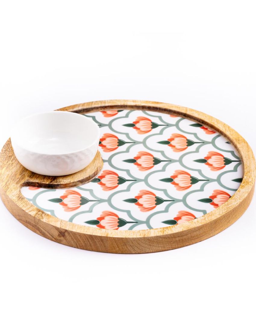 Round Chip And Dip Wood Platter With Bowl