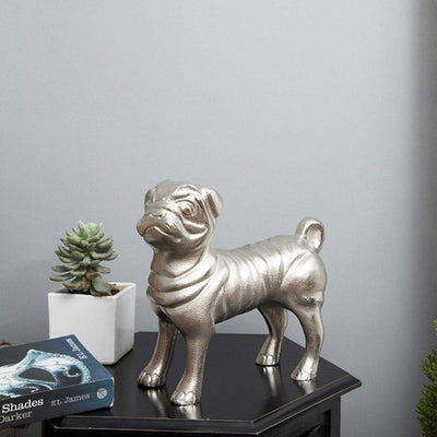 Rich Aluminum Silver Pug Art Sculpture | 11 x 4 x 10 inches