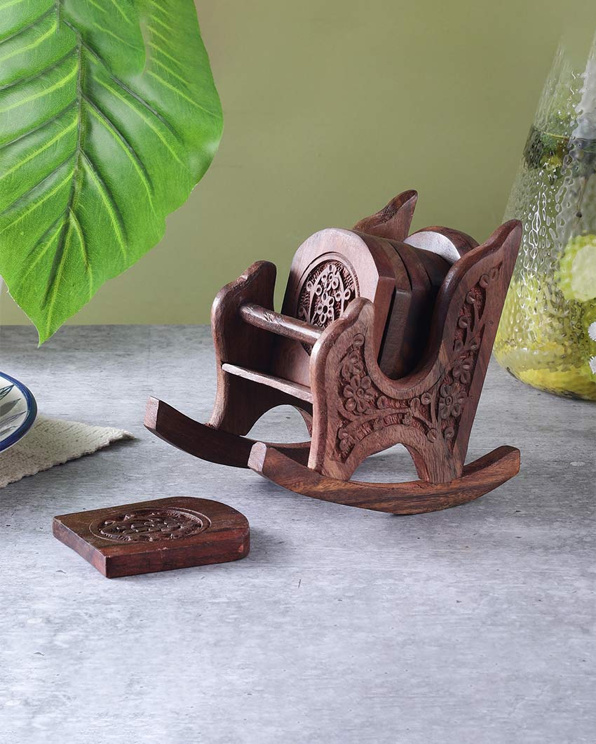 Premium Brown Rocking Chair Coasters with Stand | Set of 6 | 5 x 6 inches