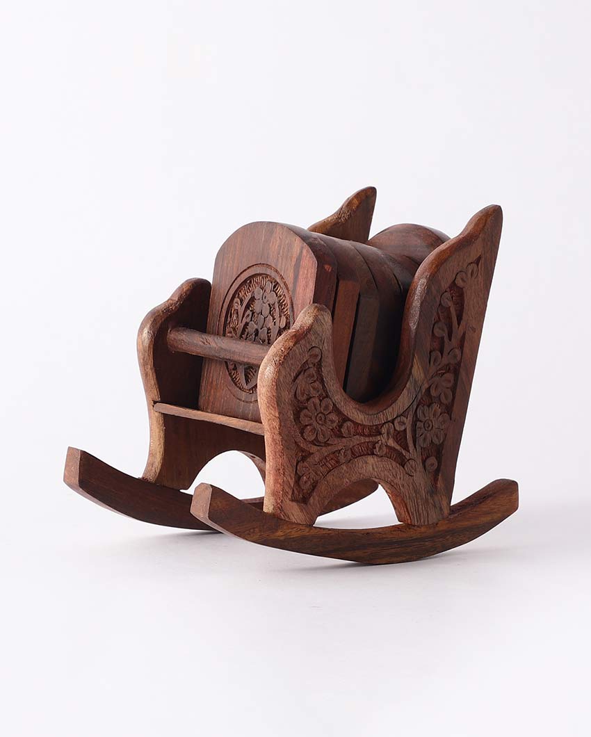 Premium Brown Rocking Chair Coasters with Stand | Set of 6 | 5 x 6 inches