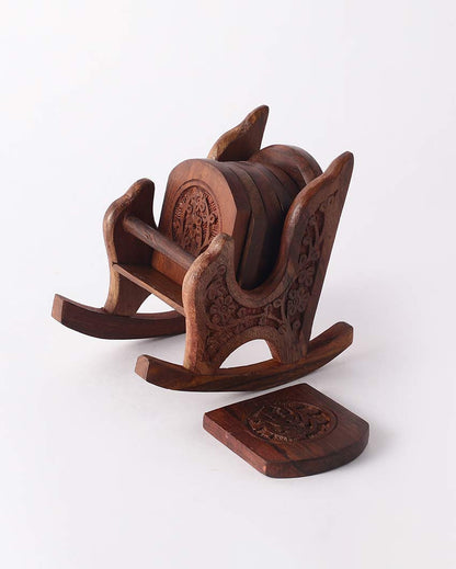 Premium Brown Rocking Chair Coasters with Stand | Set of 6 | 5 x 6 inches