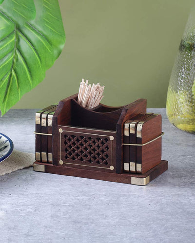 Elegant Jali Design Brown Cutlery Holder with Coaster | Set of 6 | 6 x 4 inches