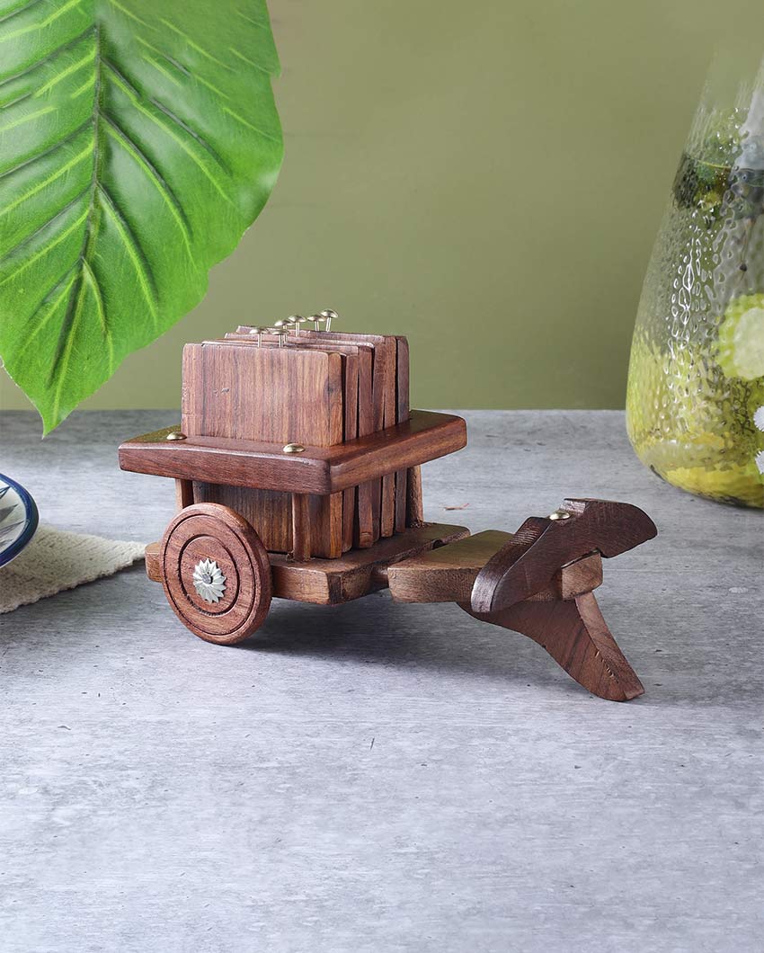 Beautiful Brown Plough Coasters with Wooden Stand | Set of 5 | 4 x 4 inches