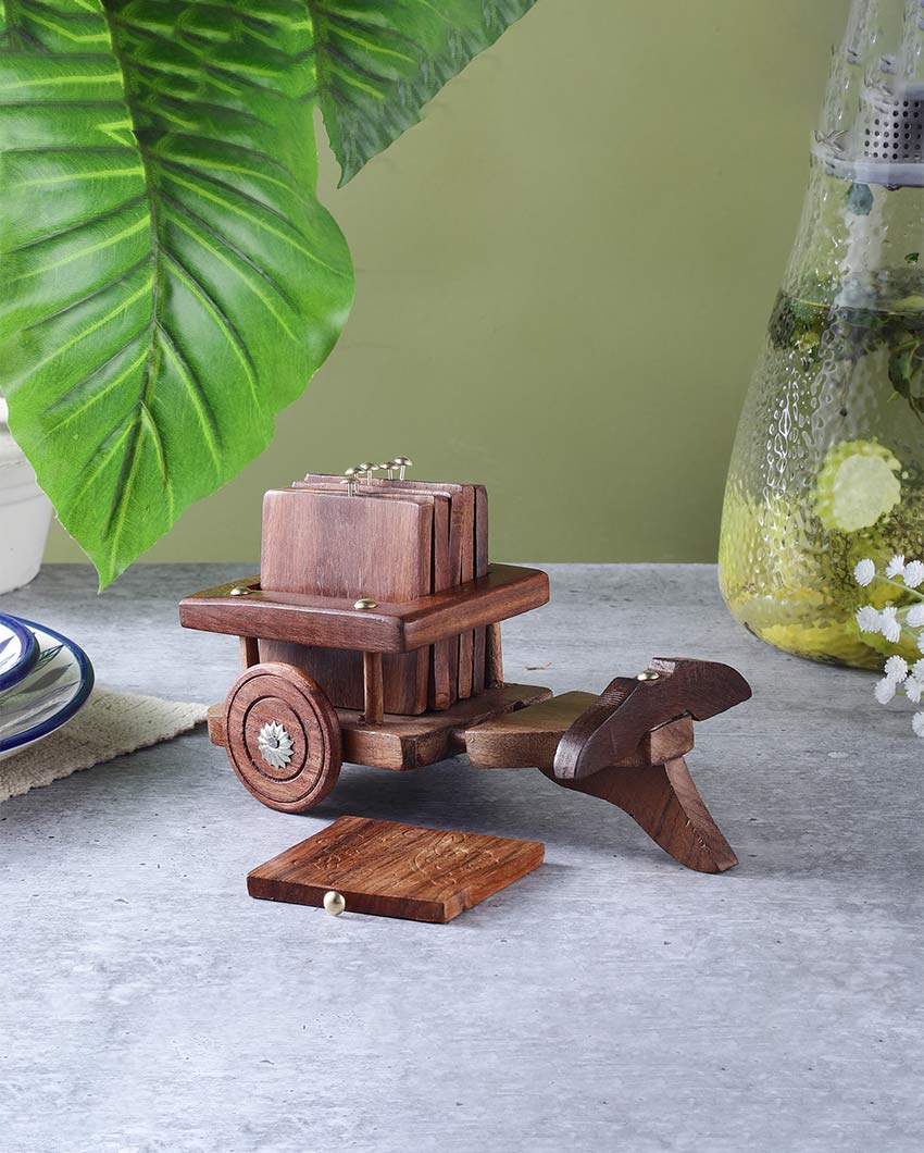 Beautiful Brown Plough Coasters with Wooden Stand | Set of 5 | 4 x 4 inches