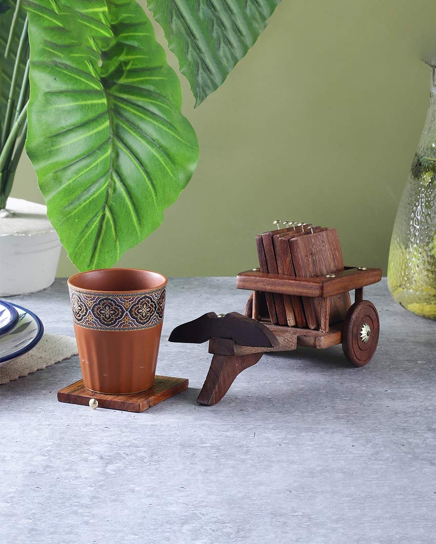 Beautiful Brown Plough Coasters with Wooden Stand | Set of 5 | 4 x 4 inches