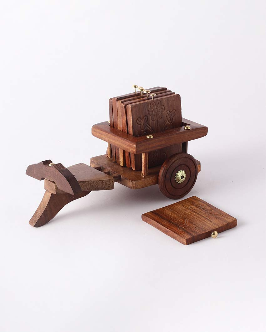 Beautiful Brown Plough Coasters with Wooden Stand | Set of 5 | 4 x 4 inches