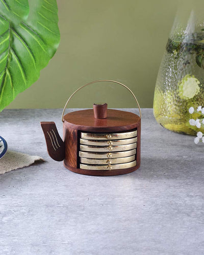 Elegant Design Brown Shade Kettle Coasters with Stand | Set of 6 | 4 x 3 inches