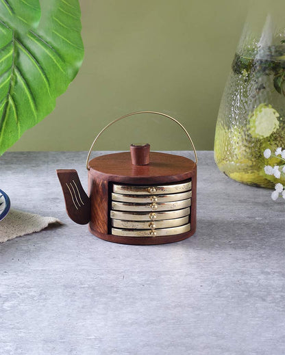 Elegant Design Brown Shade Kettle Coasters with Stand | Set of 6 | 4 x 3 inches