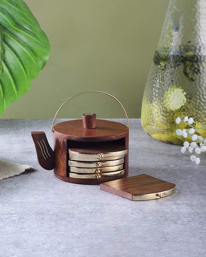 Elegant Design Brown Shade Kettle Coasters with Stand | Set of 6 | 4 x 3 inches